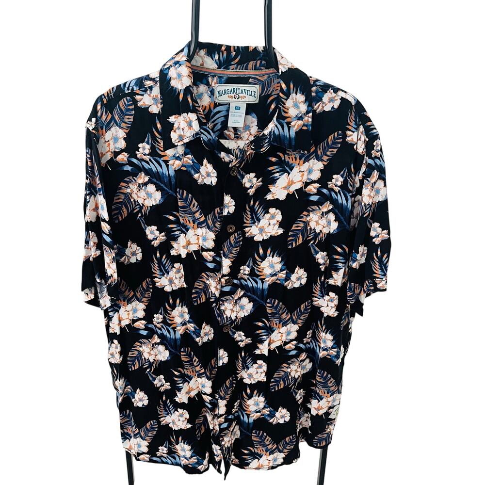 Margaritaville Men’s L Black Tropical Floral Hawaiian Rayon Button Shirt